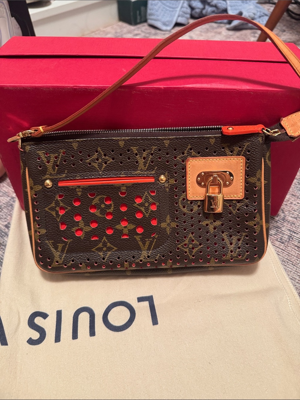 Louis Vuitton Monogram Perforated Shoulder Pochette with Red Accents